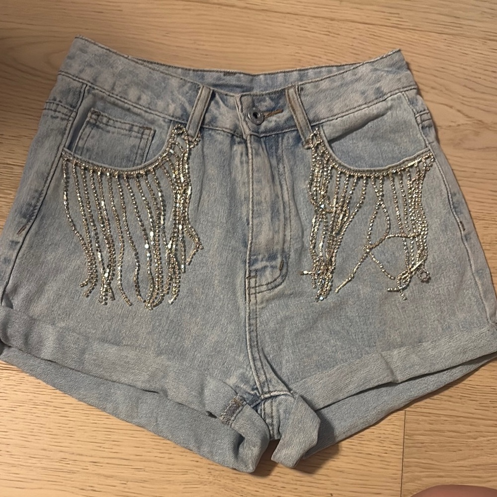 Denim Shorts with Diamond Fringe Detail